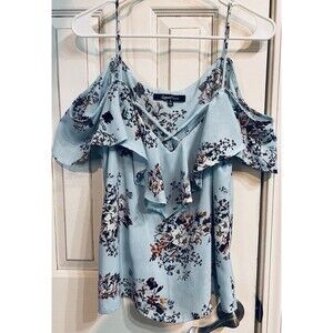 Sweet Rain XL Aqua Floral Cold Shoulder Ruffle Crisscross Boho V-Neck Top NWT